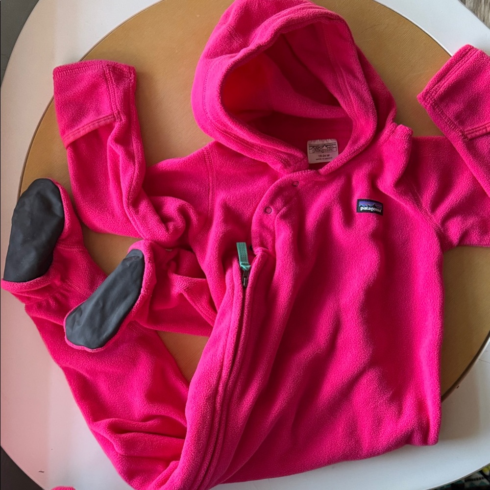 Patagonia Kids Bright Pink Fleece Hooded one piece jump suit